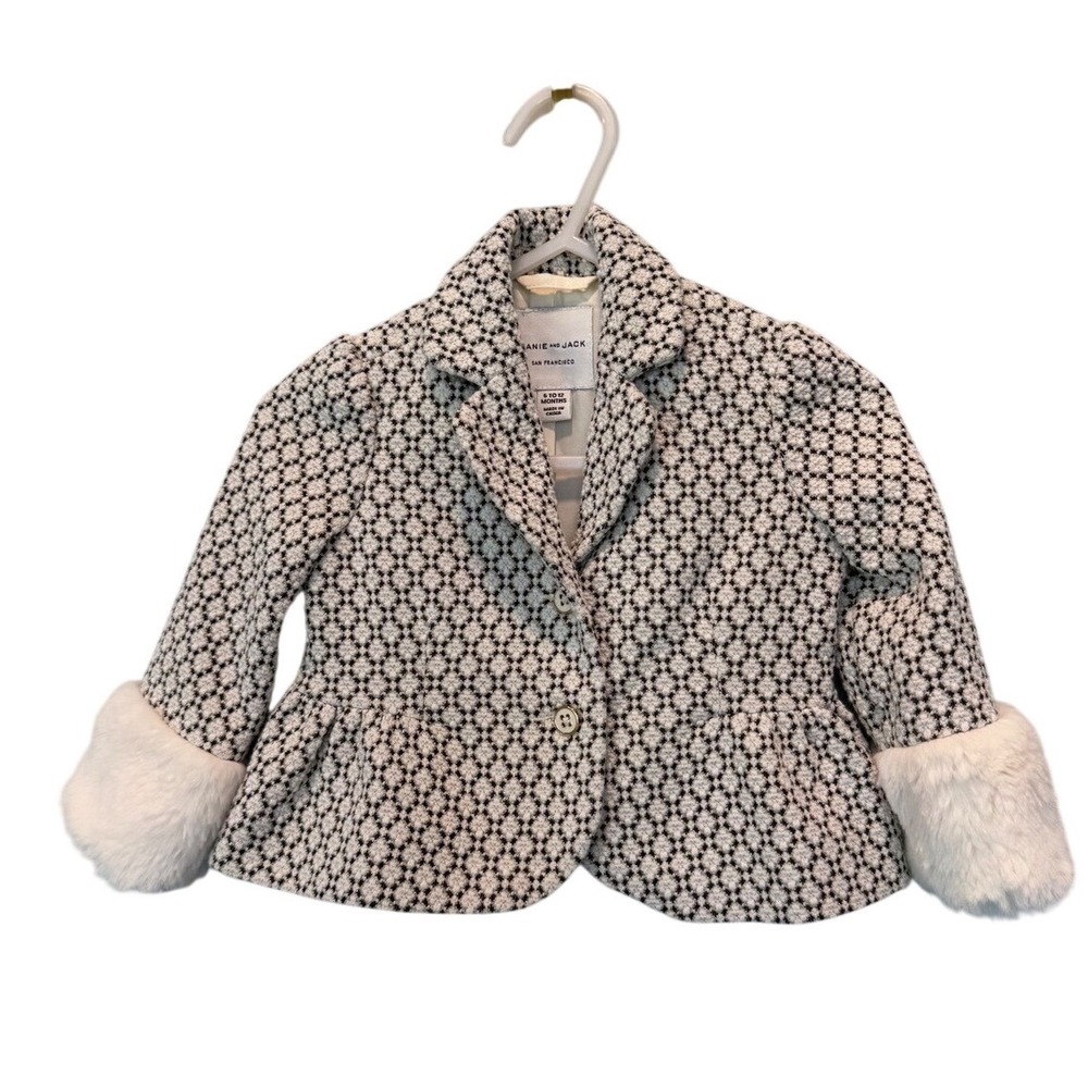 Janie and Jack Baby Girls Tweed Peplum Jacket‎ Faux Fur Cuffs Black White 6-12M